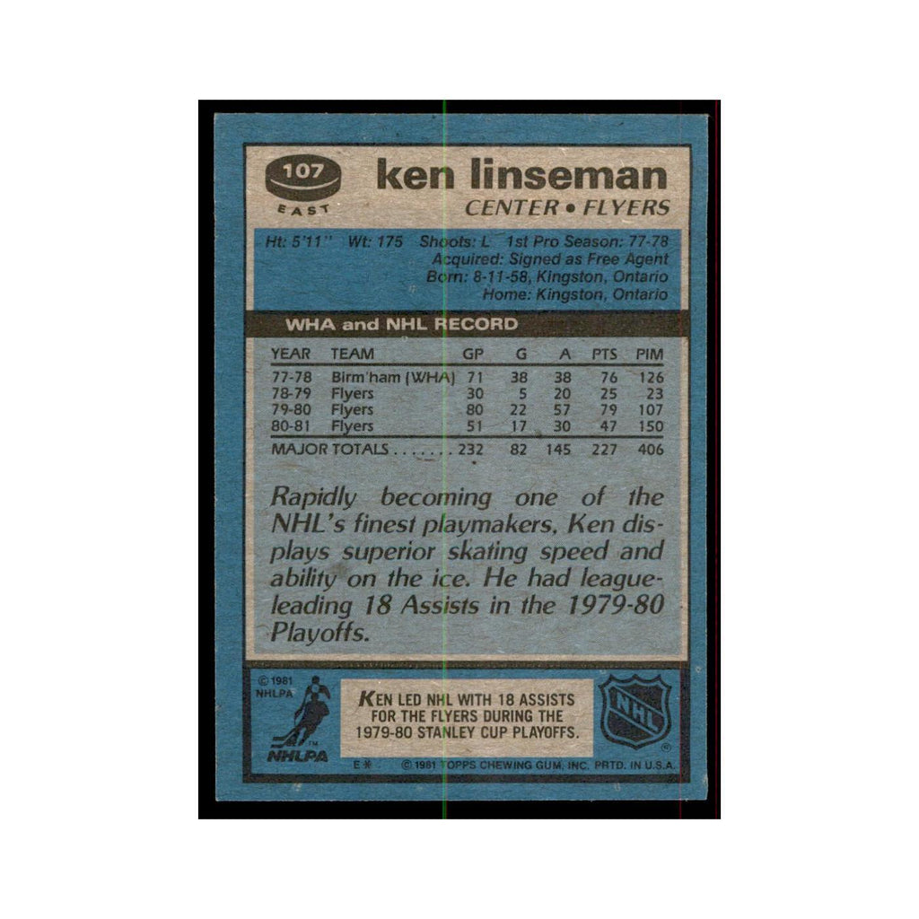 1981 Topps Ken Linseman Hockey Cards #E107