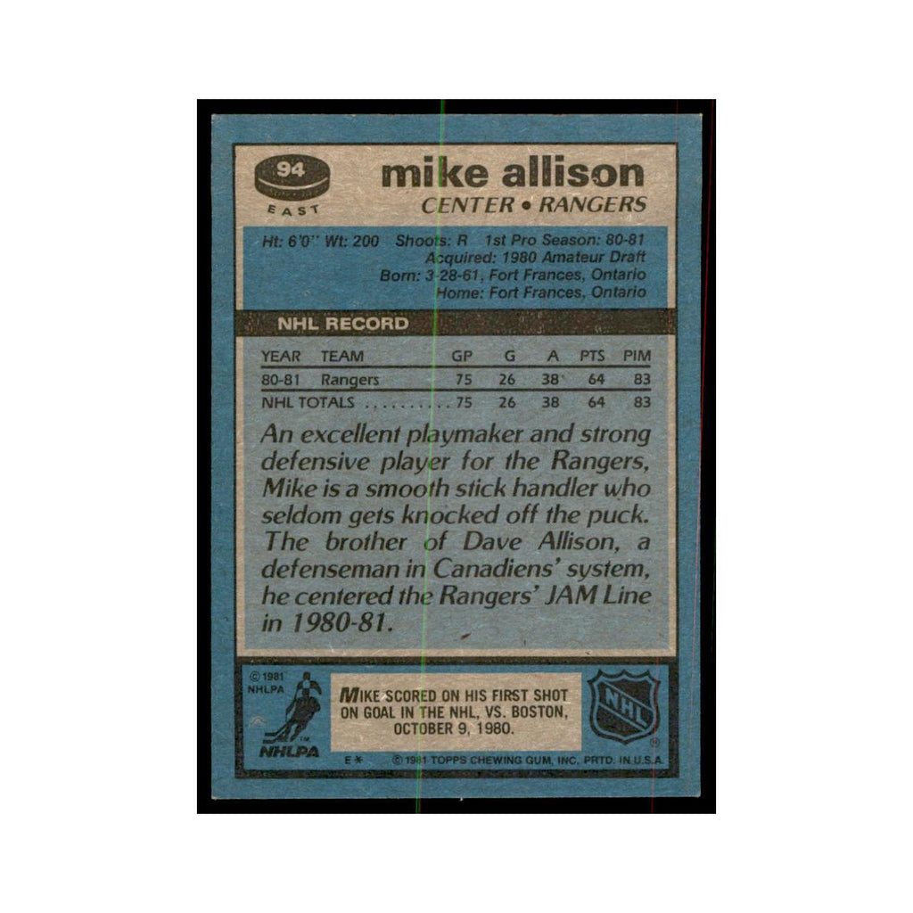 1981 Topps Mike Allison Hockey Cards #E94