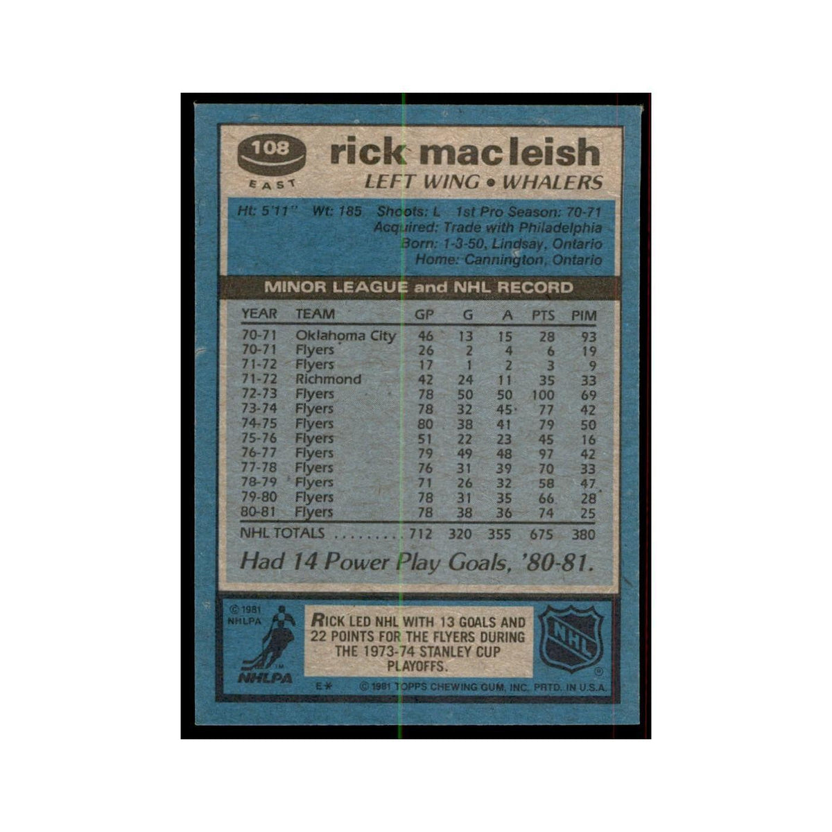 1981 Topps Rick MacLeish Hockey Cards #E108
