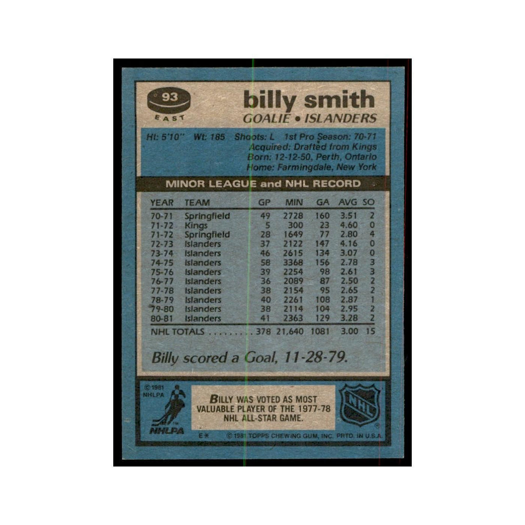 1981 Topps Billy Smith Hockey Cards #E93