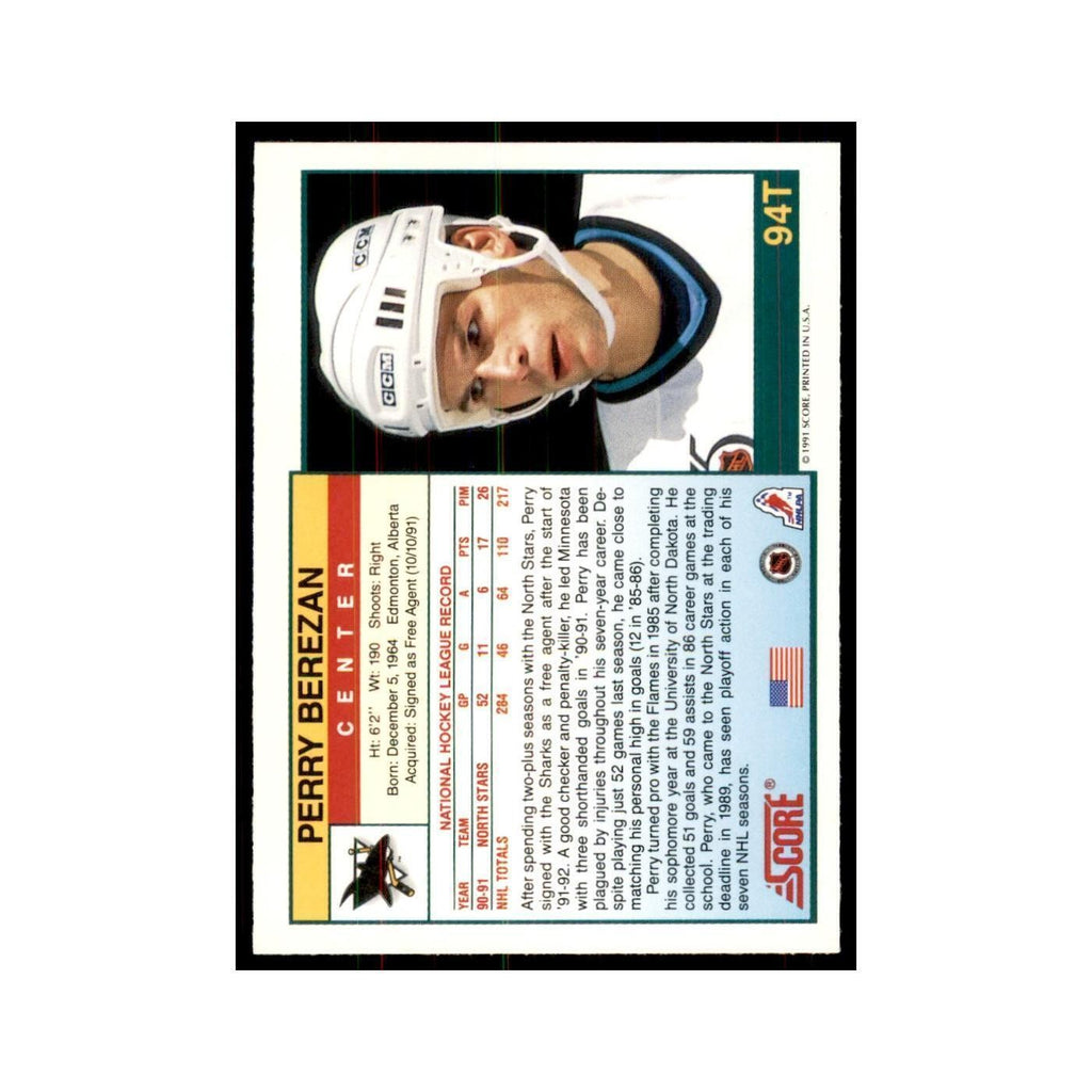 1991 Score Rookie and Traded Perry Berezan San Jose Sharks #94T