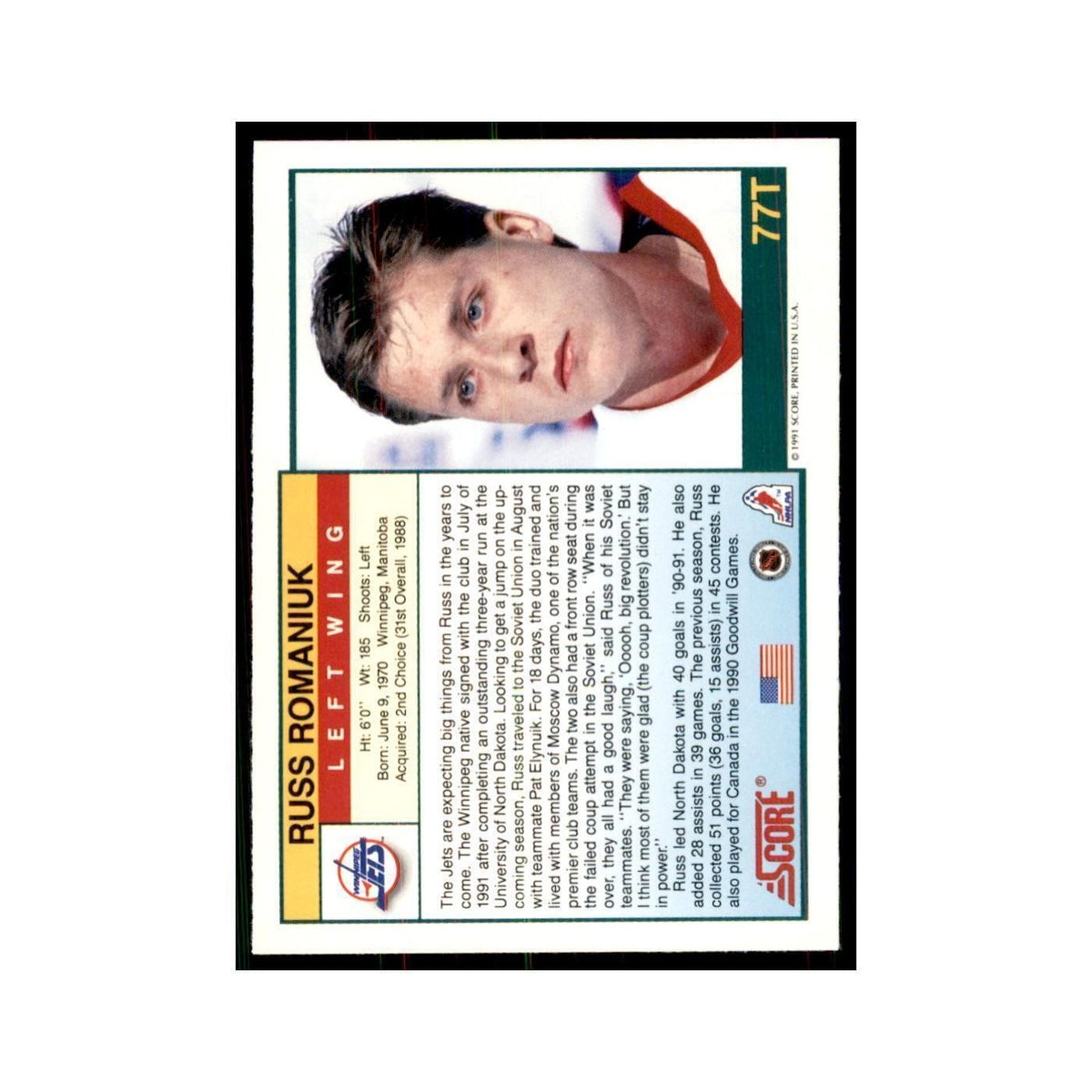 1991 Score Rookie and Traded Russ Romaniuk RC Winnipeg Jets #77T