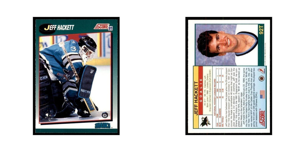 1991 Score Rookie and Traded Jeff Hackett San Jose Sharks #92T