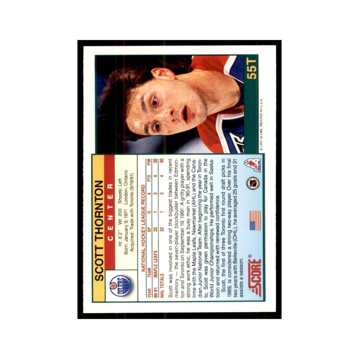 1991 Score Rookie and Traded Scott Thornton Edmonton Oilers #55T