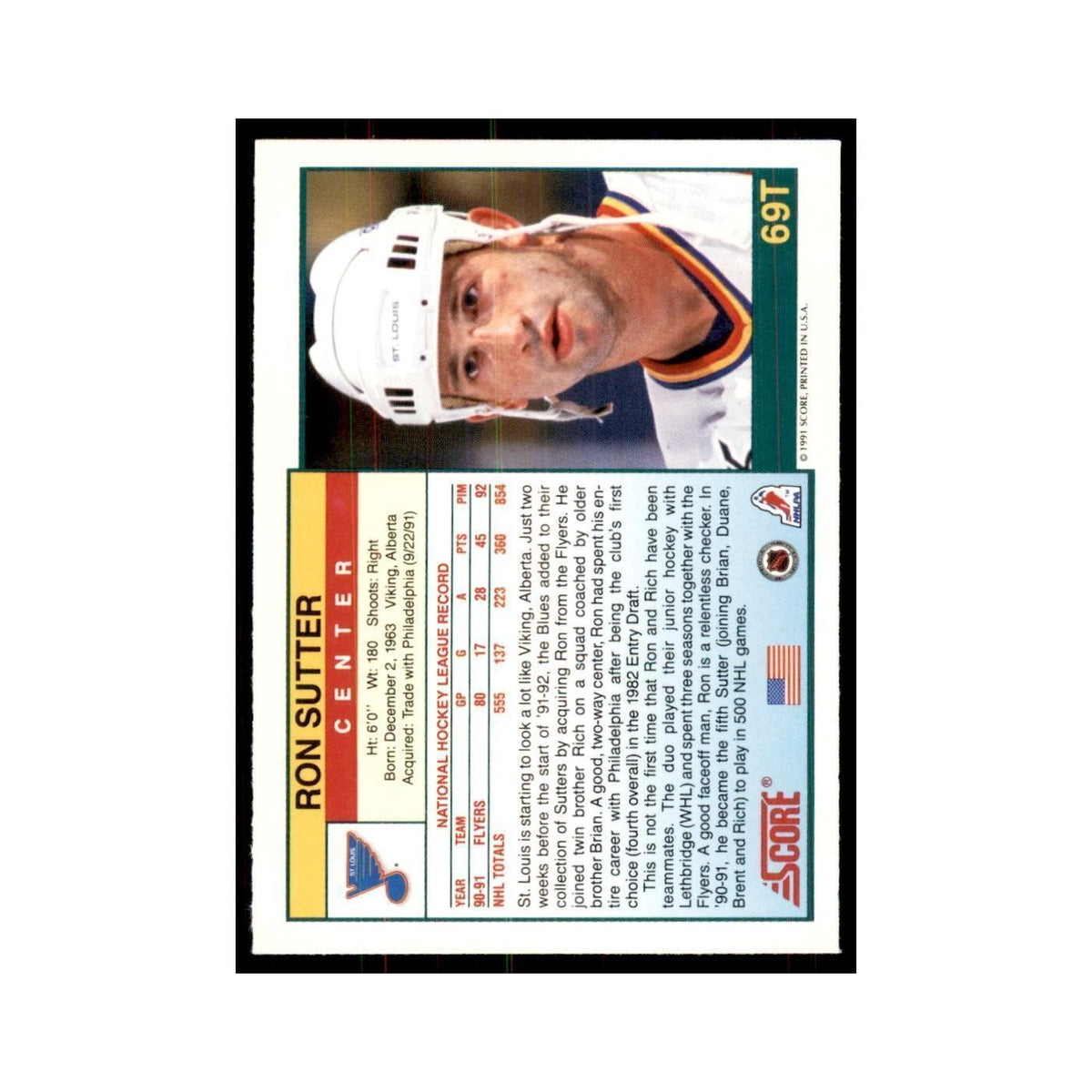 1991 Score Rookie and Traded Ron Sutter St. Louis Blues #69T