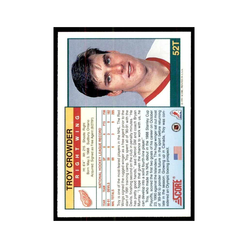 1991 Score Rookie and Traded Troy Crowder Detroit Red Wings #52T