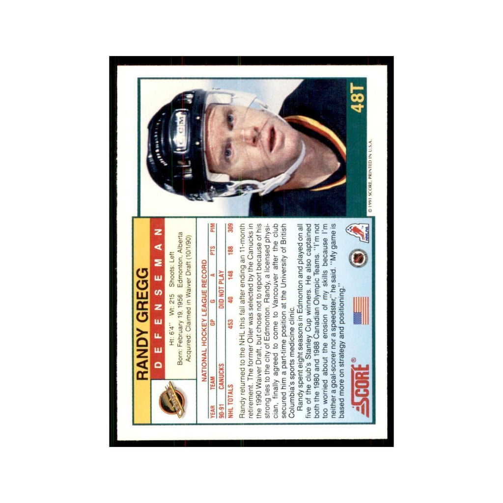 1991 Score Rookie and Traded Randy Gregg Vancouver Canucks #48T