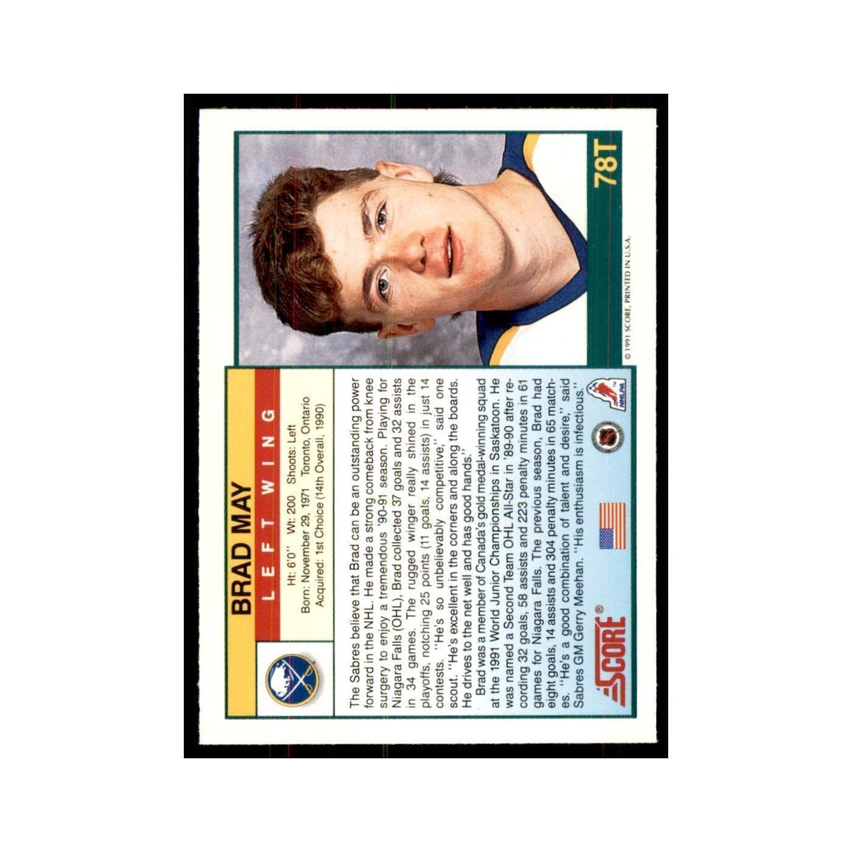 1991 Score Rookie and Traded Brad May Buffalo Sabres #78T