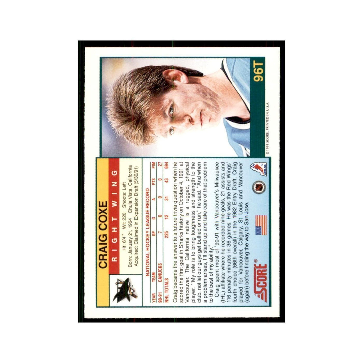 1991 Score Rookie and Traded Craig Coxe San Jose Sharks #96T
