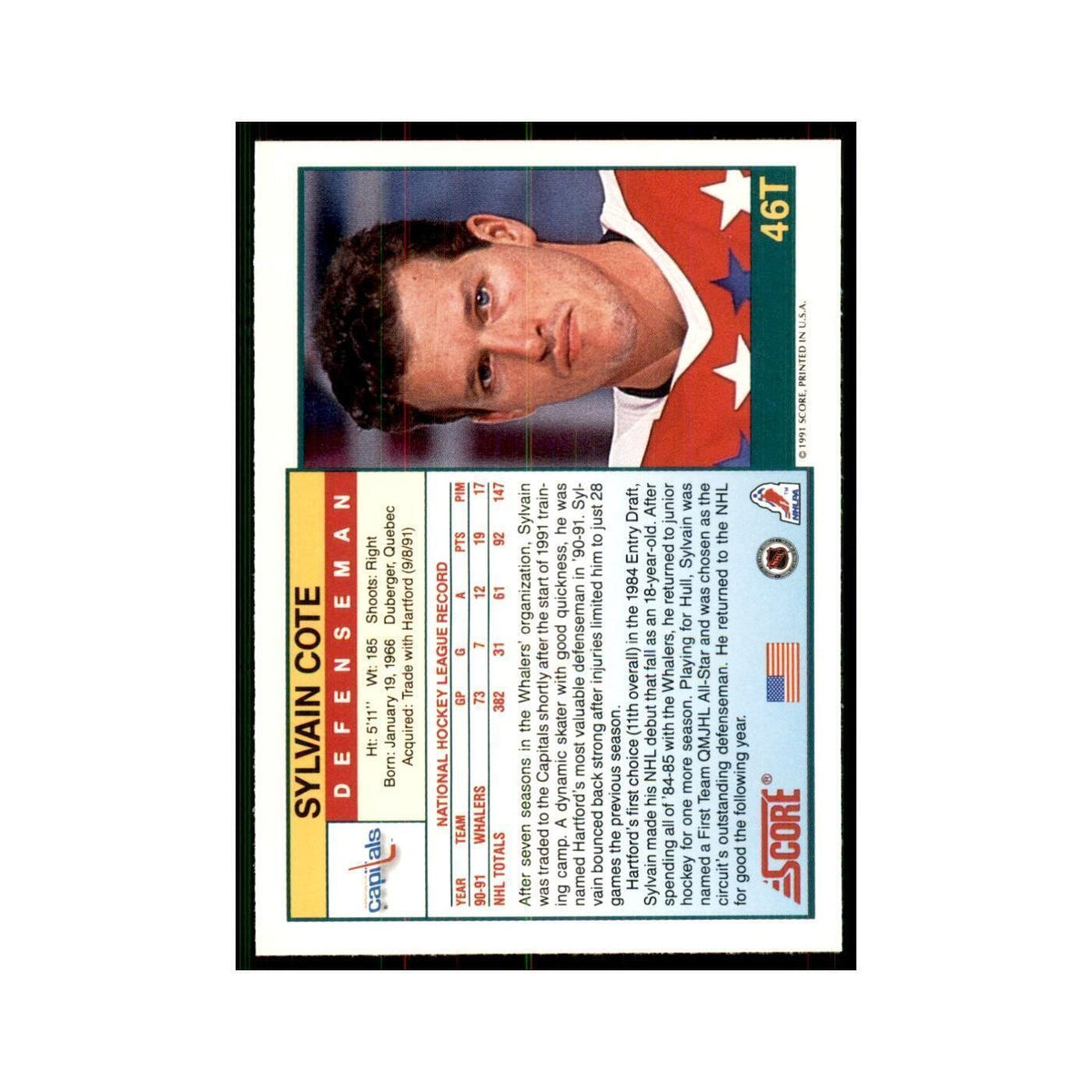 1991 Score Rookie and Traded Sylvain Cote Washington Capitals #46T