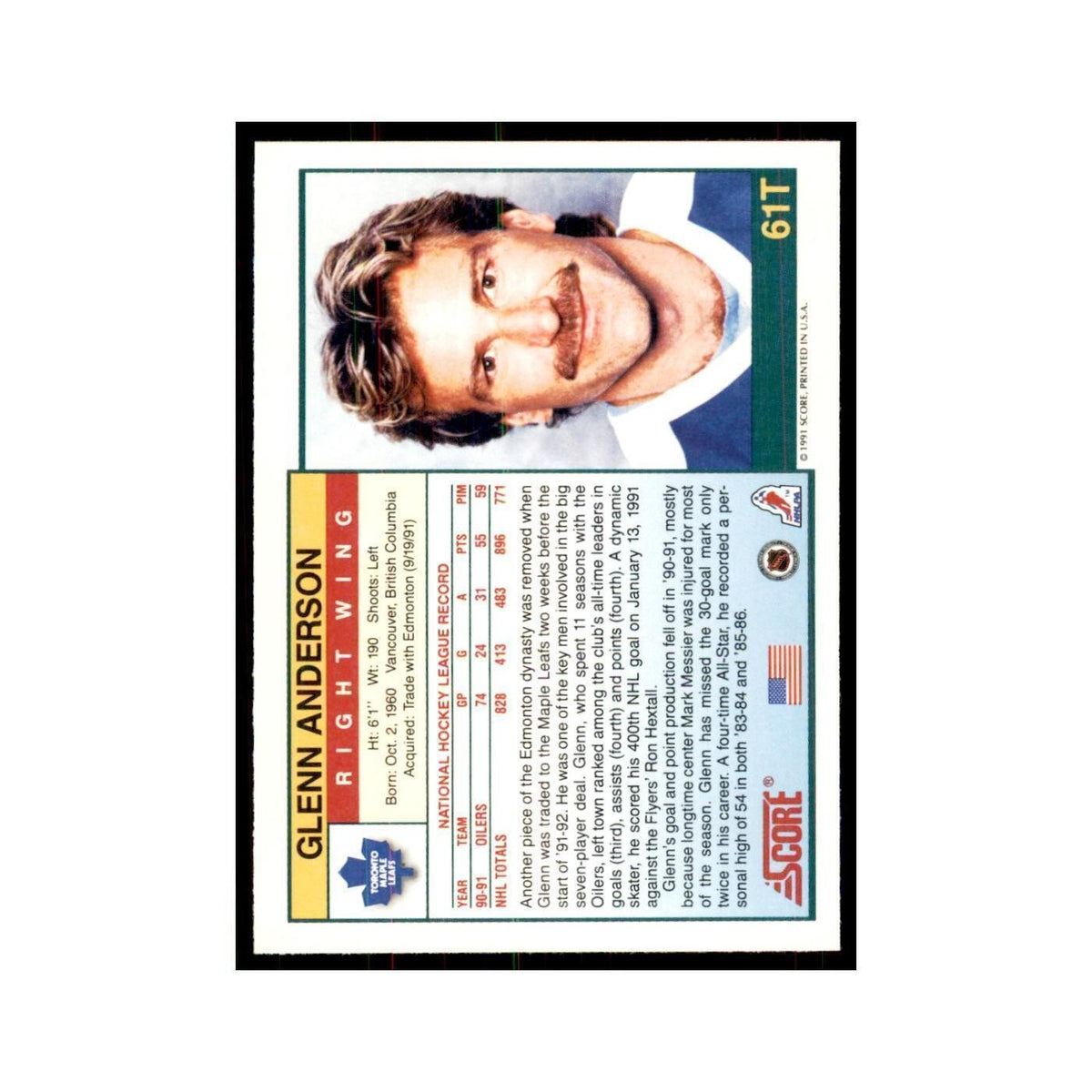 1991 Score Rookie and Traded Glenn Anderson Toronto Maple Leafs #61T