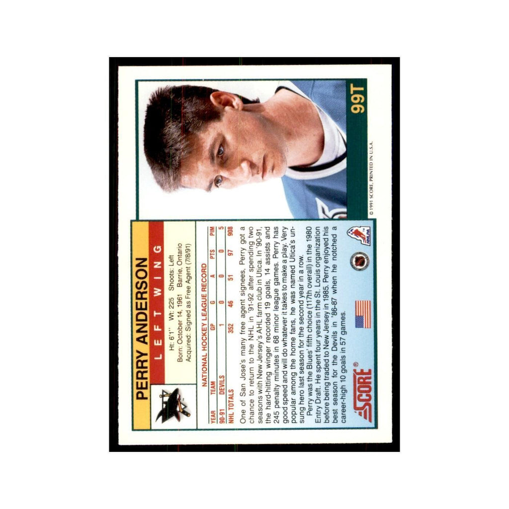 1991 Score Rookie and Traded Perry Anderson RC San Jose Sharks #99T