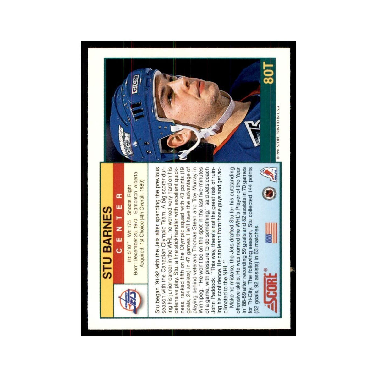 1991 Score Rookie and Traded Stu Barnes Winnipeg Jets #80T