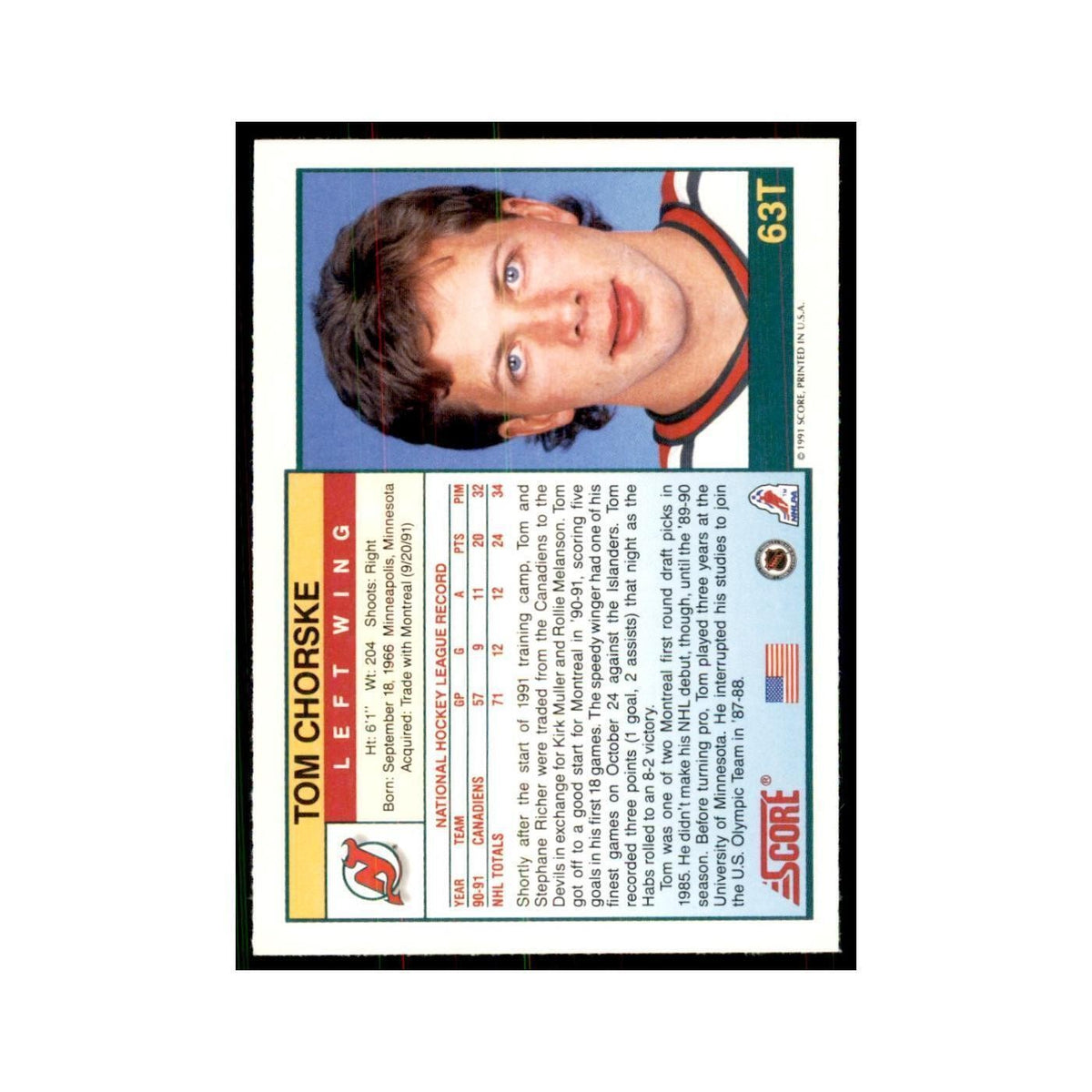 1991 Score Rookie and Traded Tom Chorske New Jersey Devils #63T