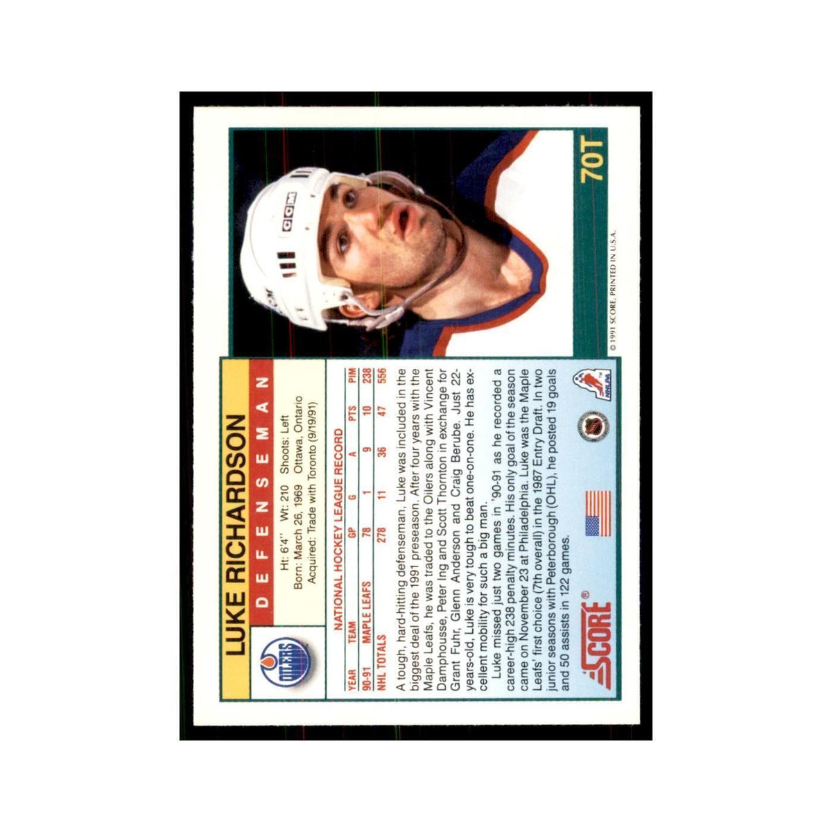 1991 Score Rookie and Traded Luke Richardson Edmonton Oilers #70T