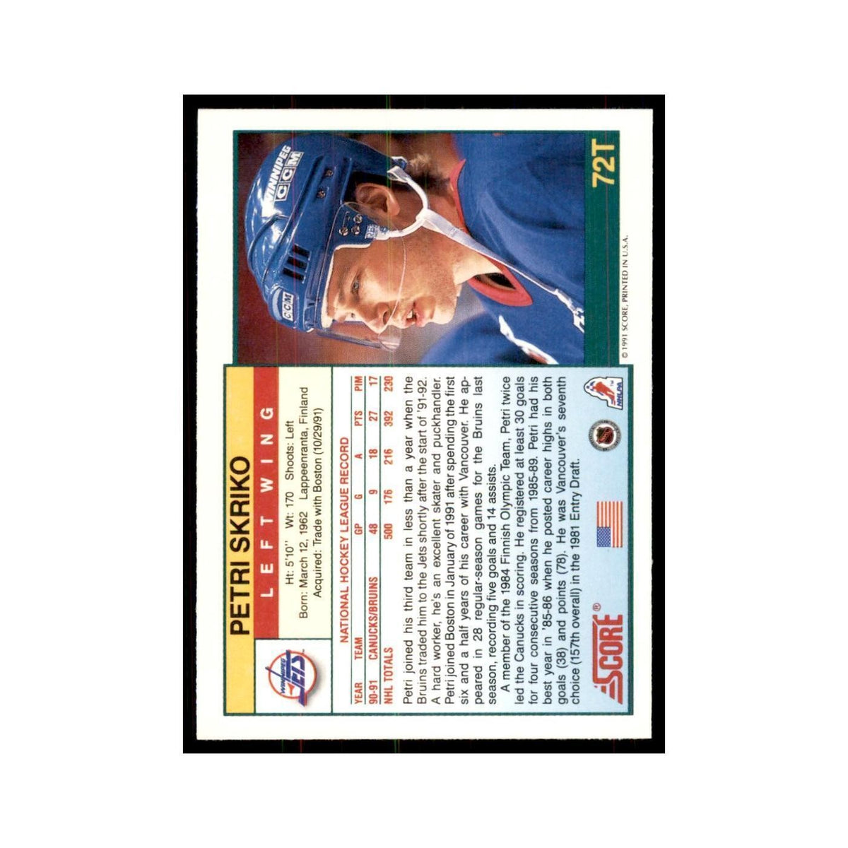 1991 Score Rookie and Traded Petri Skriko Winnipeg Jets #72T