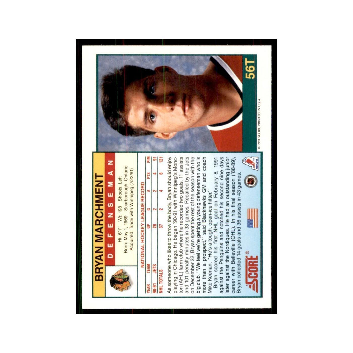 1991 Score Rookie and Traded Bryan Marchment RC Chicago Blackhawks #56T