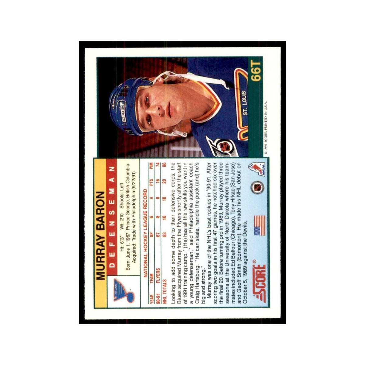 1991 Score Rookie and Traded Murray Baron St. Louis Blues #66T