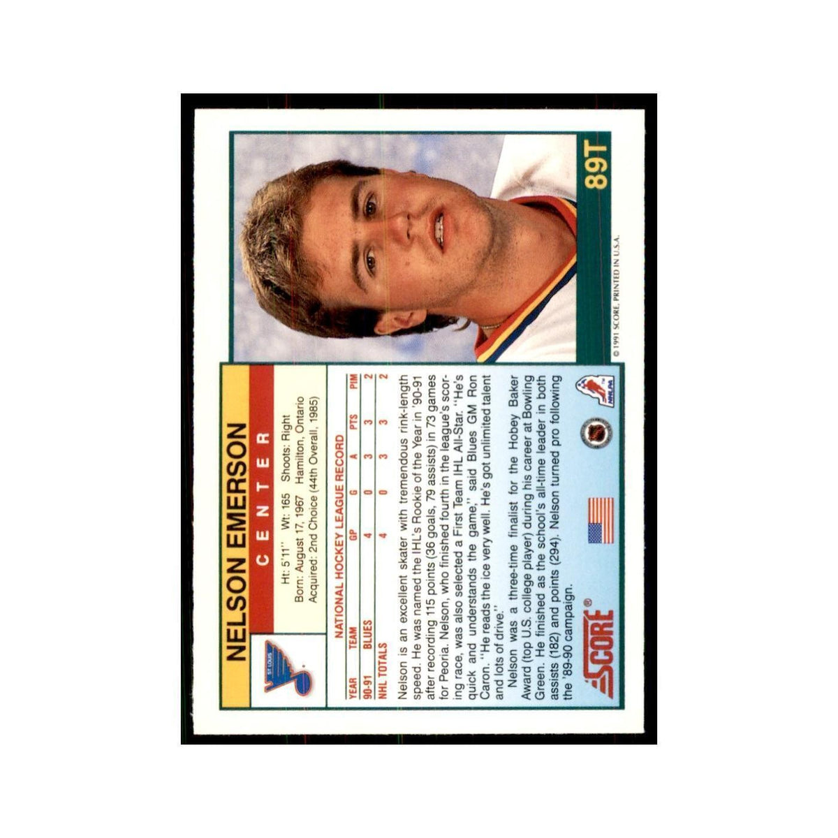 1991 Score Rookie and Traded Nelson Emerson St. Louis Blues #89T