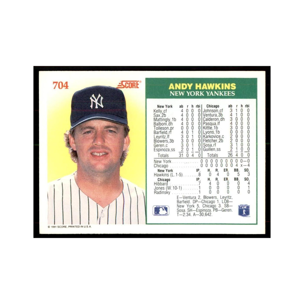 1991 Score Andy Hawkins Baseball Cards #704