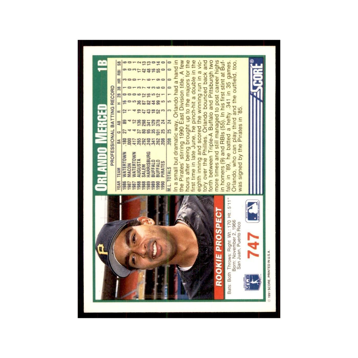 1991 Score Orlando Merced Baseball Cards #747