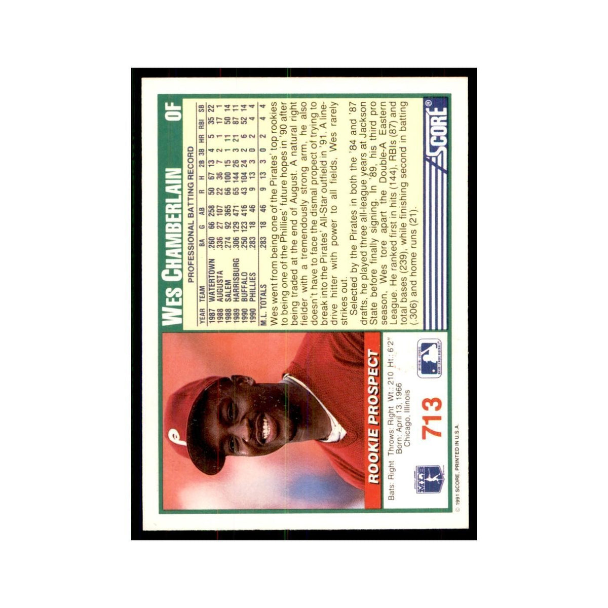 1991 Score Wes Chamberlain Baseball Cards #713