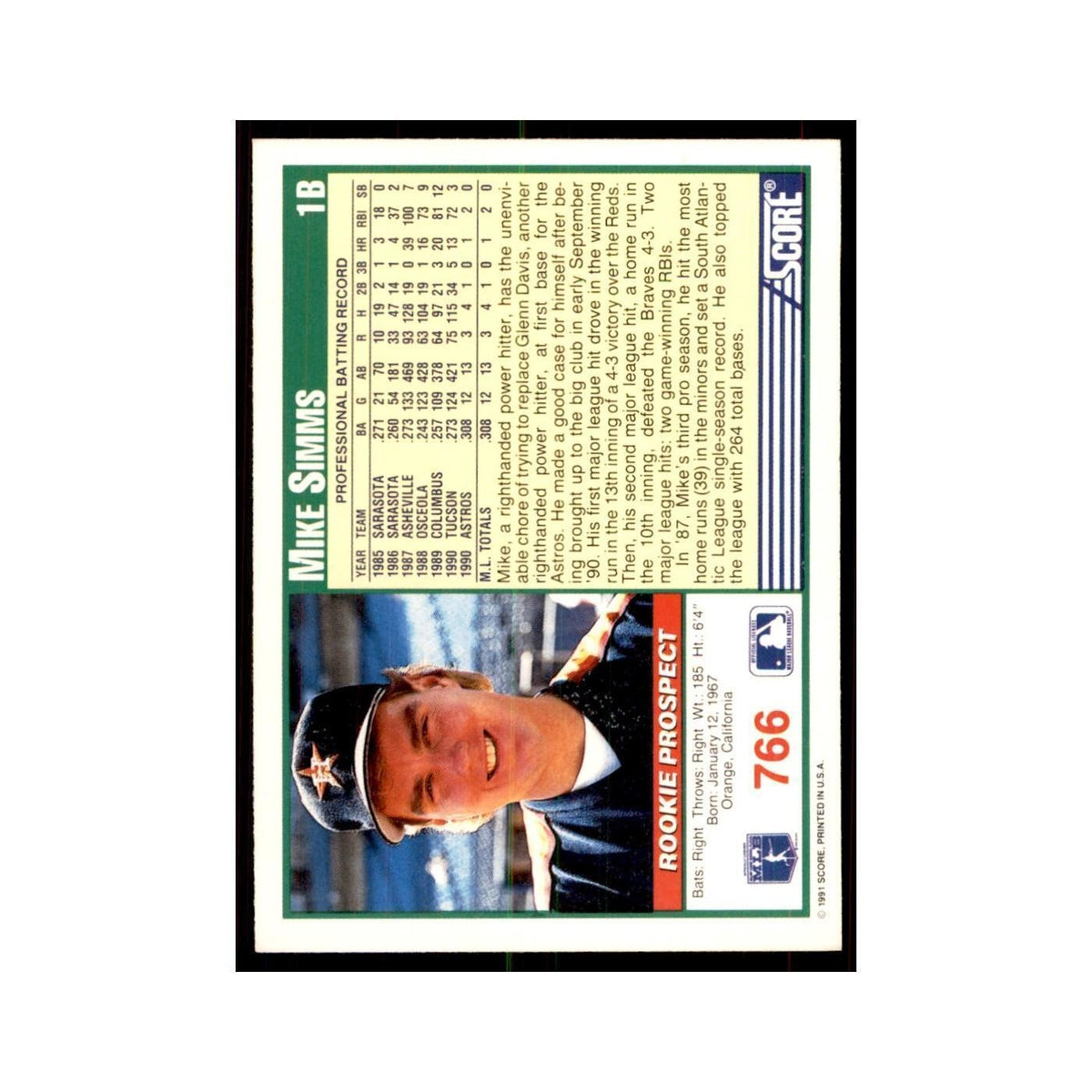 1991 Score Mike Simms Baseball Cards #766