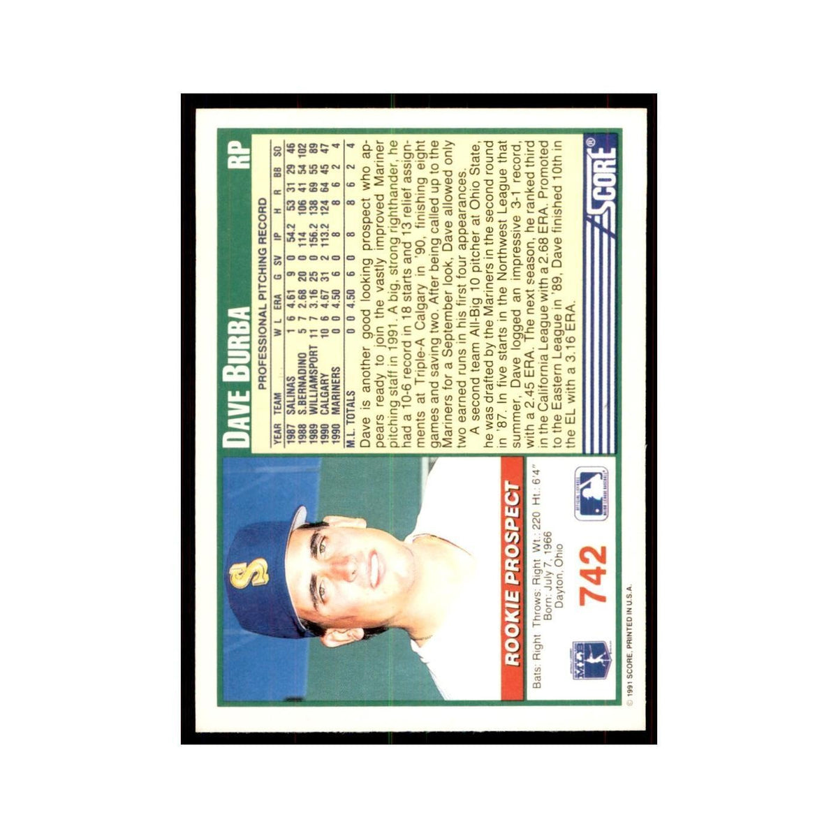 1991 Score Dave Burba Baseball Cards #742