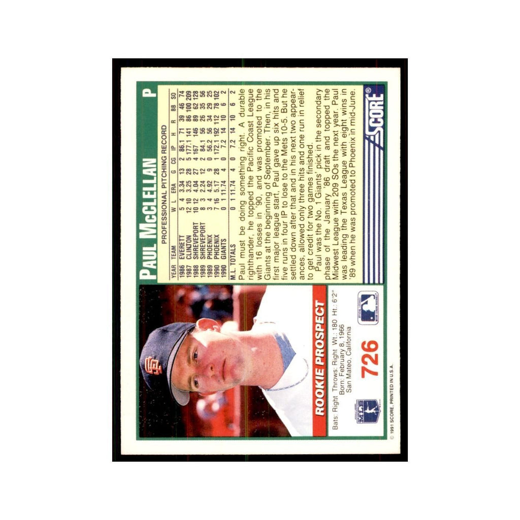 1991 Score Paul McClellan Baseball Cards #726