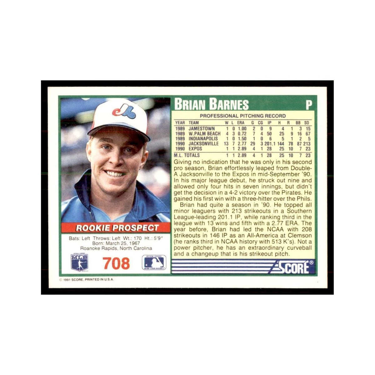 1991 Score Brian Barnes Baseball Cards #708
