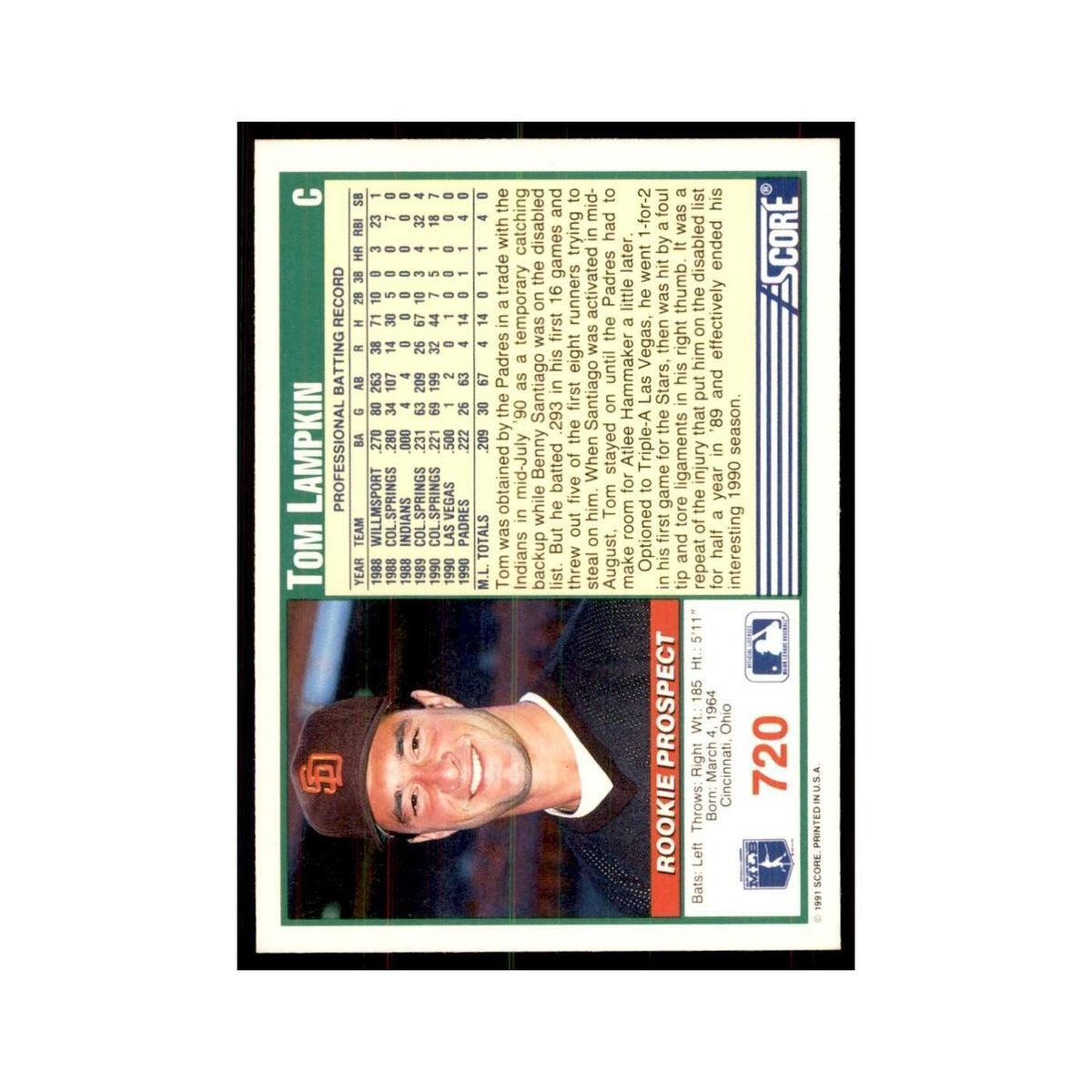 1991 Score Tom Lampkin Baseball Cards #720
