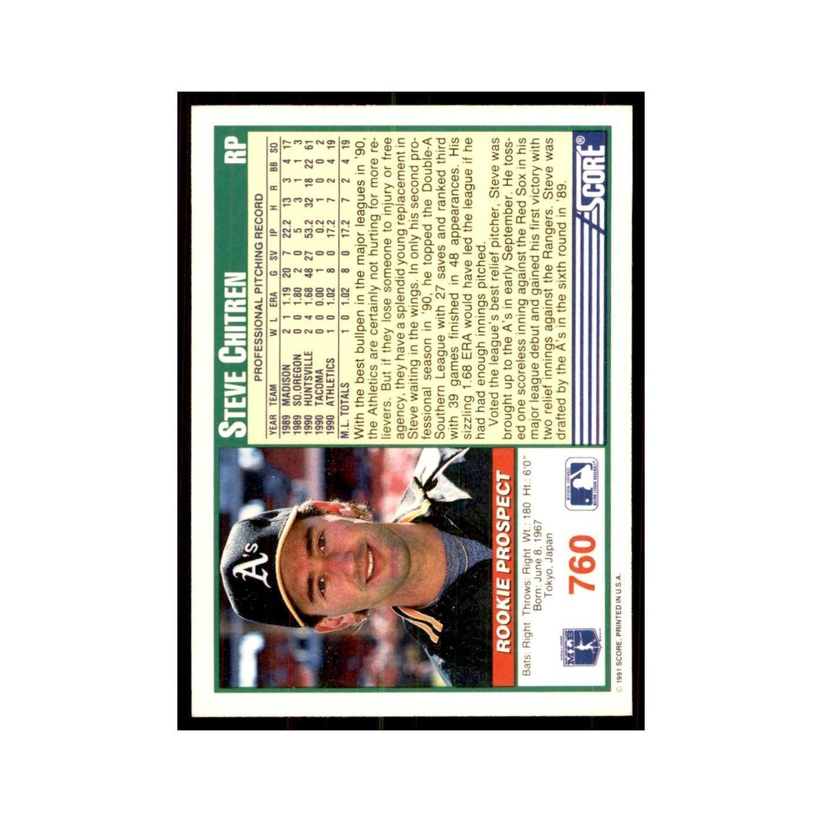 1991 Score Steve Chitren Baseball Cards #760