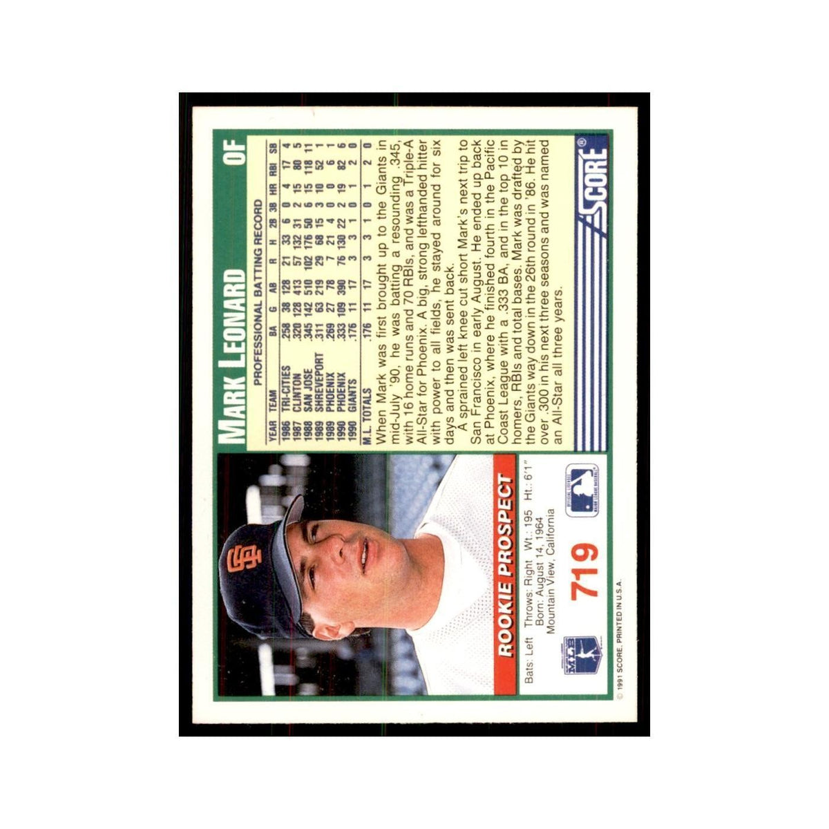 1991 Score Mark Leonard Baseball Cards #719