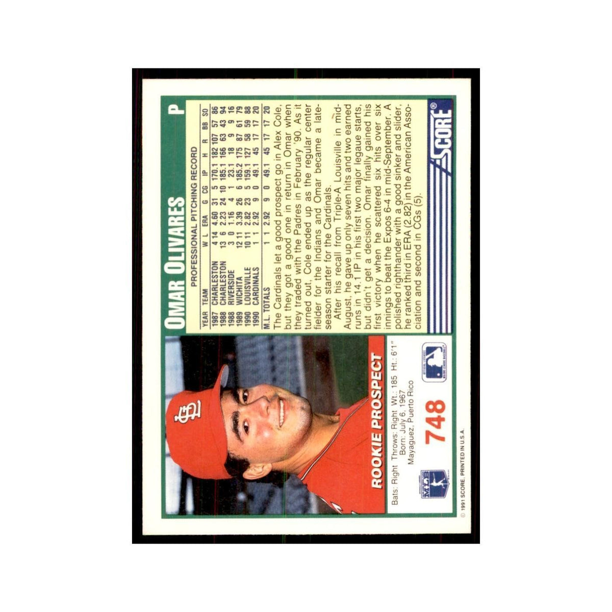 1991 Score Omar Olivares Baseball Cards #748