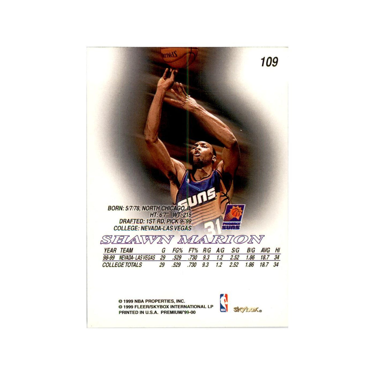 1999 SkyBox Premium Shawn Marion RC Basketball Cards #109