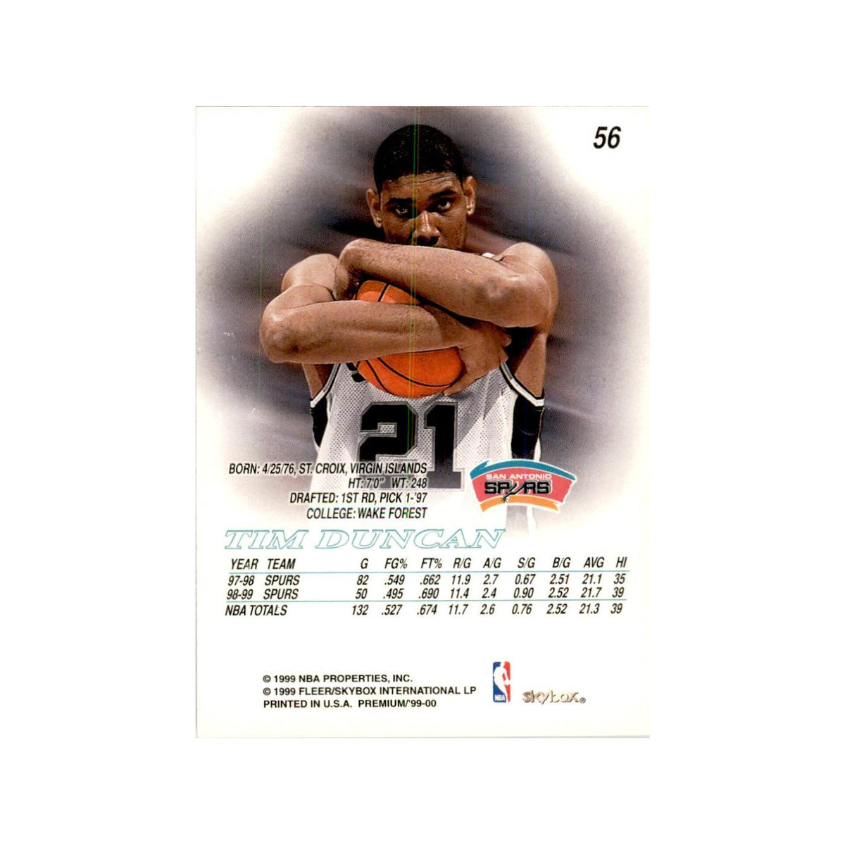 1999 SkyBox Premium Tim Duncan Basketball Cards #56
