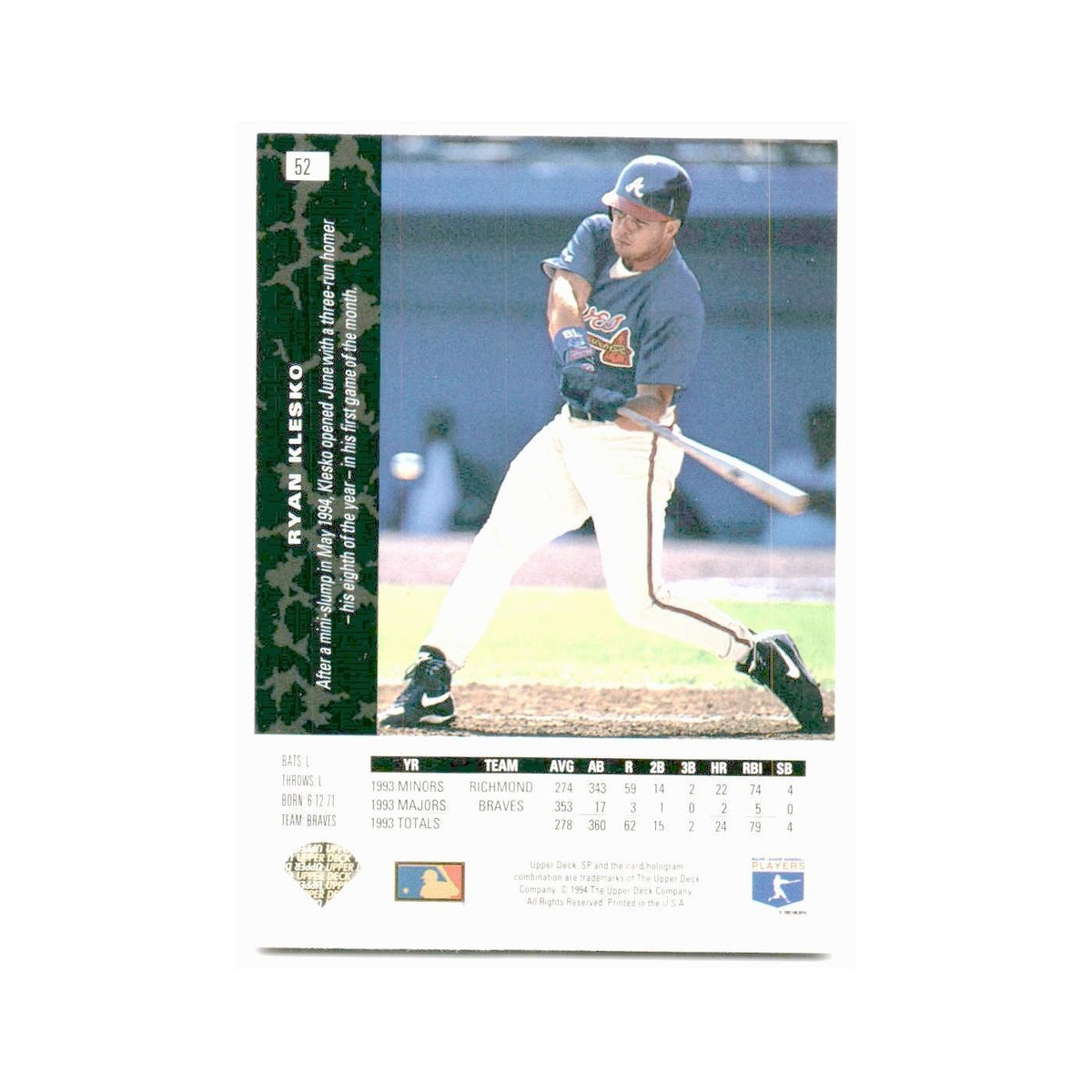 Ryan Klesko 1994 SP #52 Atlanta Braves Baseball Card NM