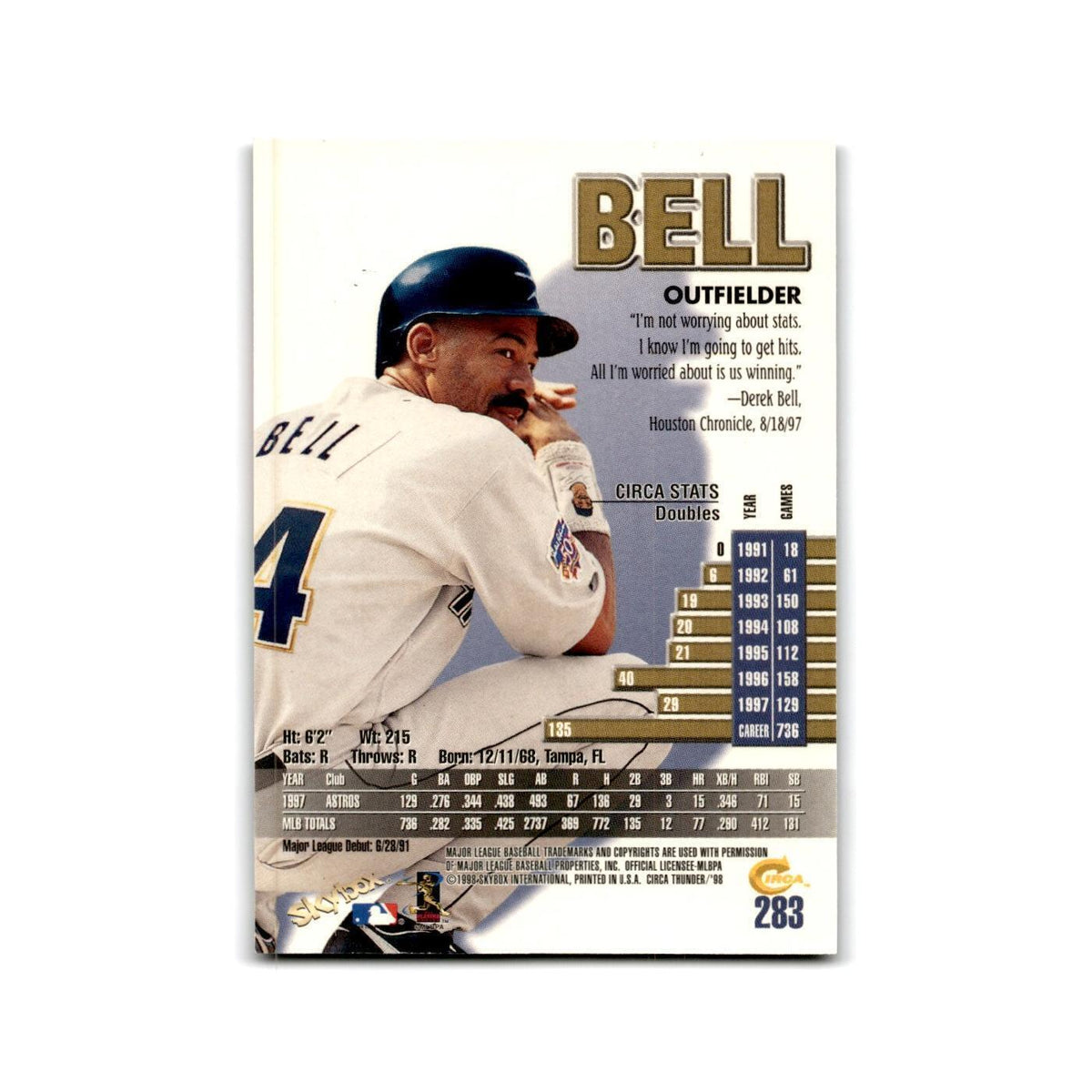 1998 SkyBox Thunder Derek Bell Astros #283