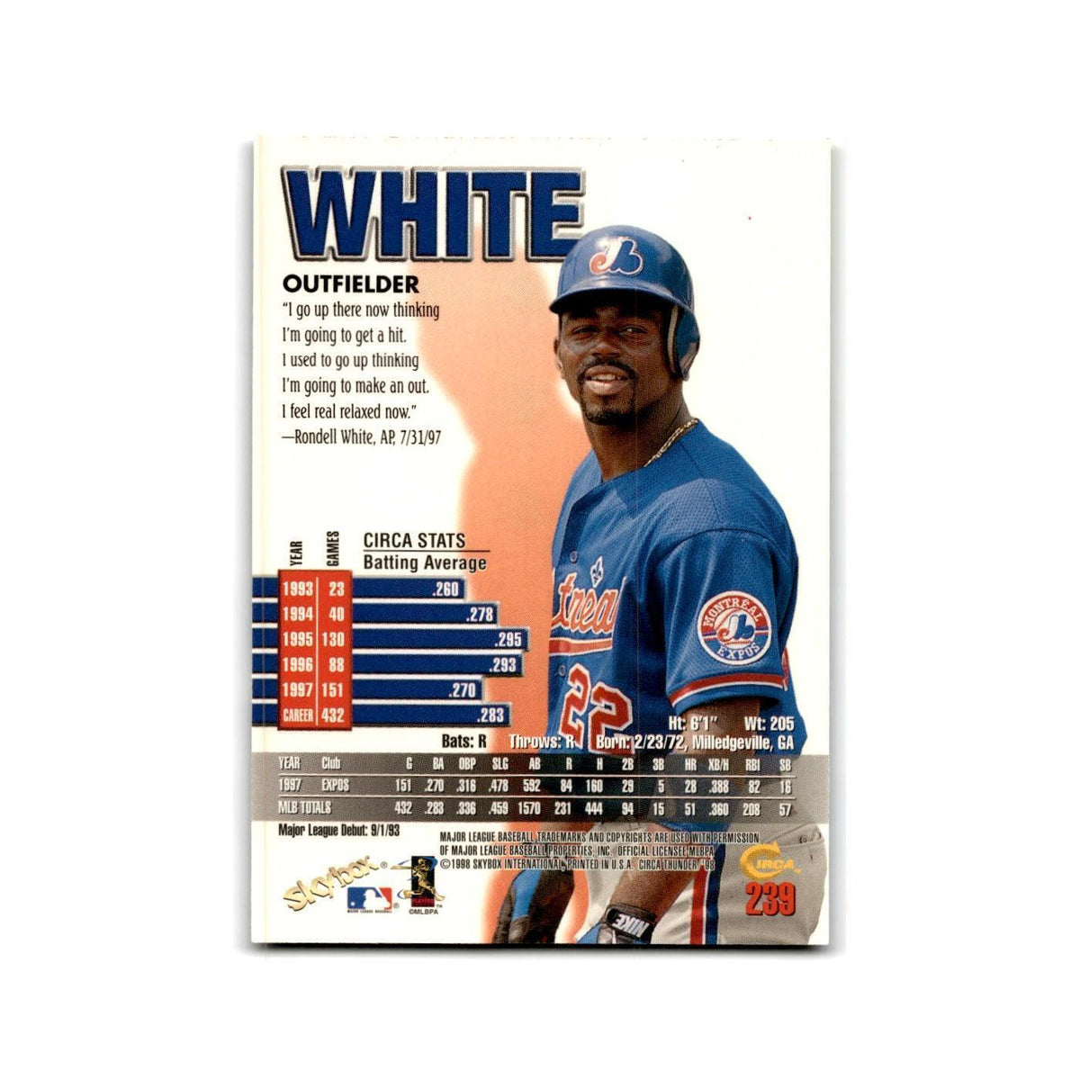 1998 SkyBox Thunder Rondell White Montreal Expos #239