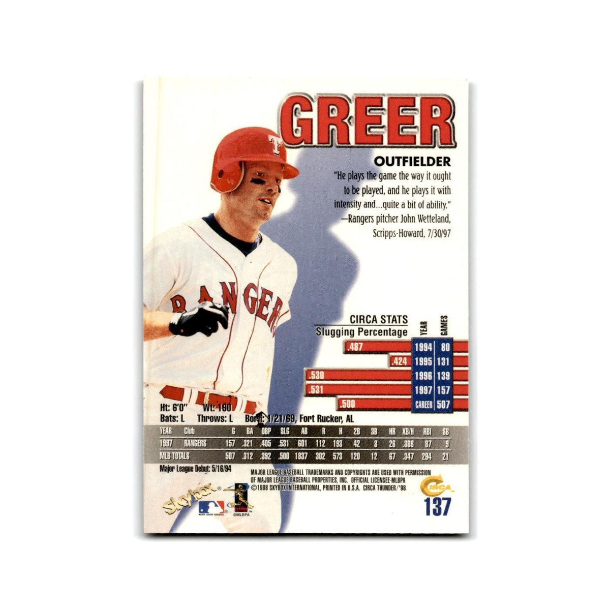1998 Skybox Thunder Rusty Greer Rangers #137