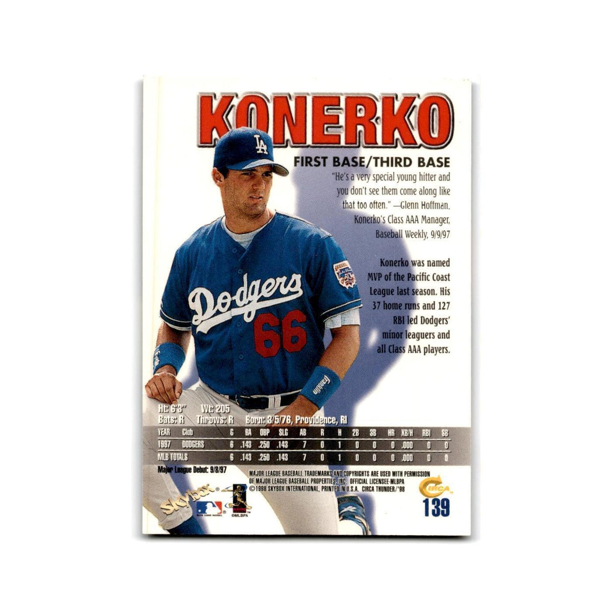 1998 Skybox Thunder Paul Konerko Dodgers #139