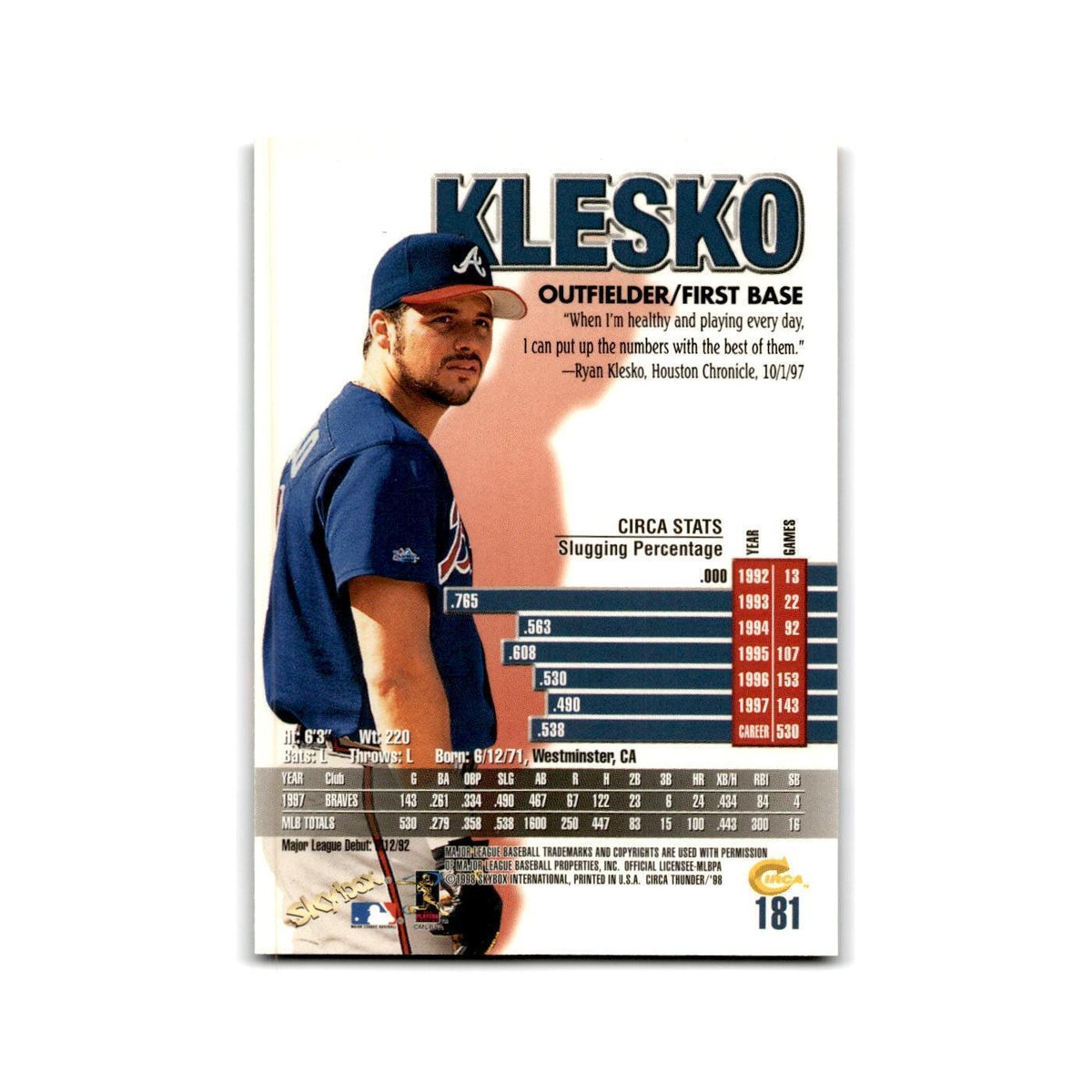 1998 SkyBox Thunder Ryan Klesko Braves #181