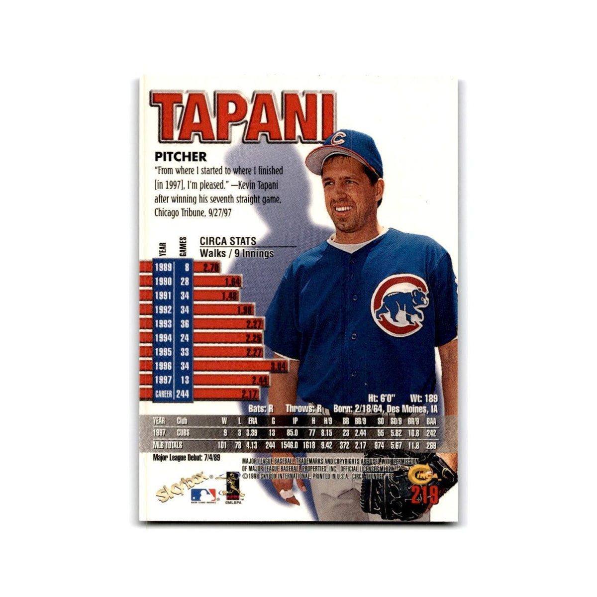 1998 SkyBox Thunder Kevin Tapani Chicago Colts #219