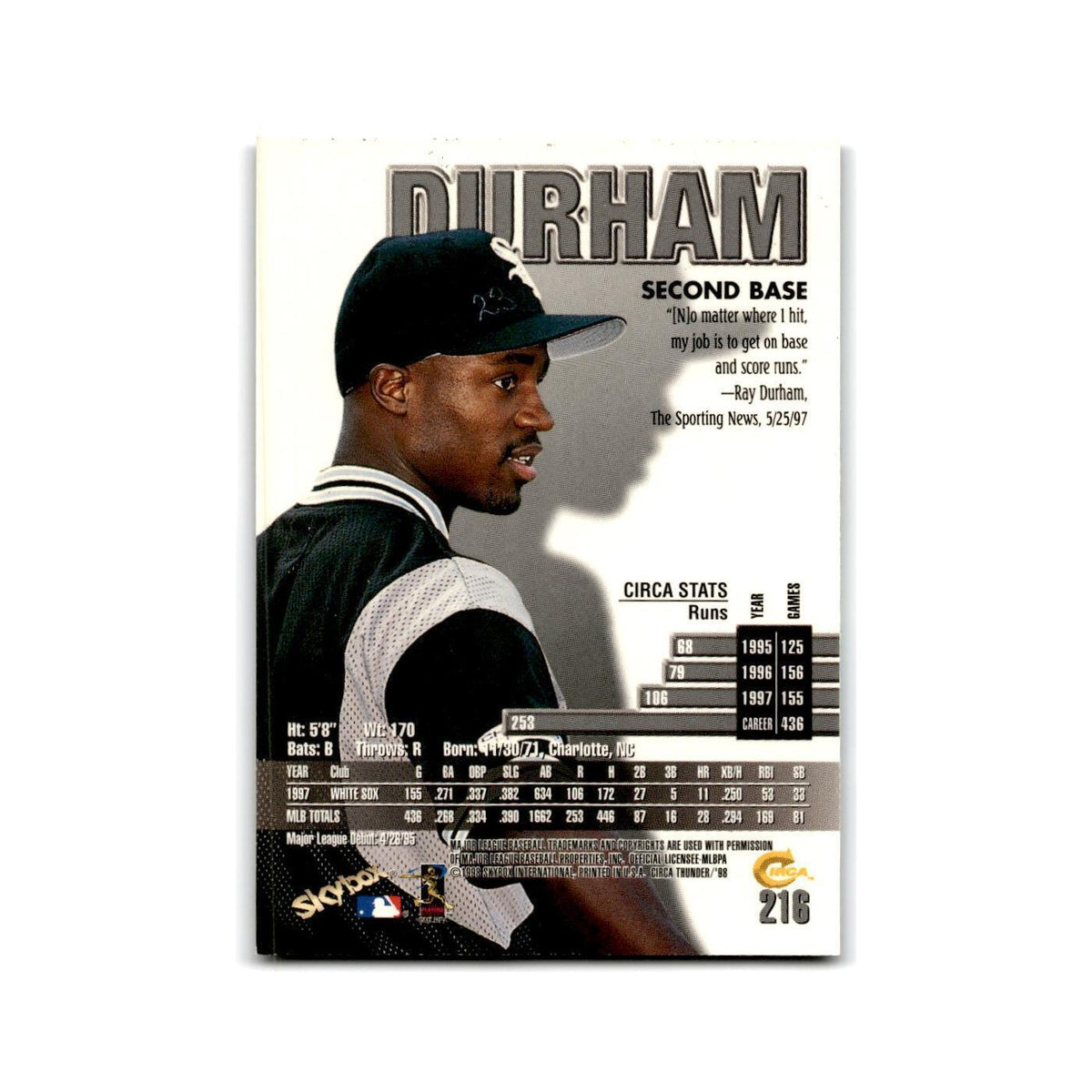 1998 SkyBox Thunder Ray Durham White Sox #216