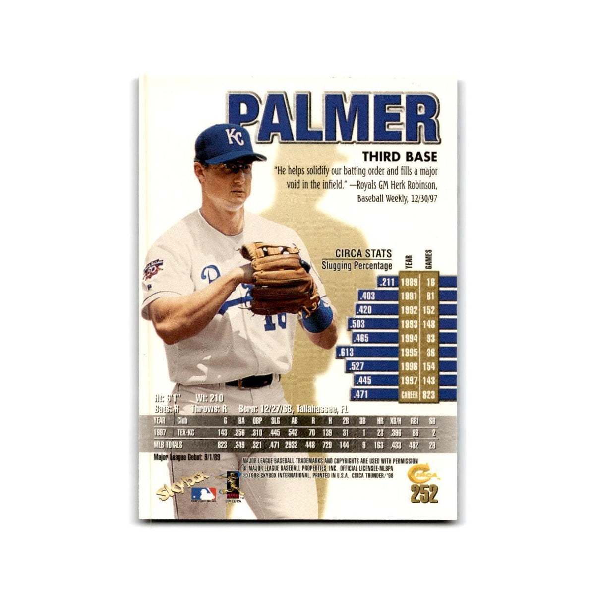 1998 Skybox Thunder Dean Palmer Royals #252