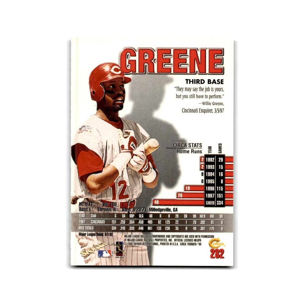 1998 SkyBox Thunder Willie Greene Reds #282