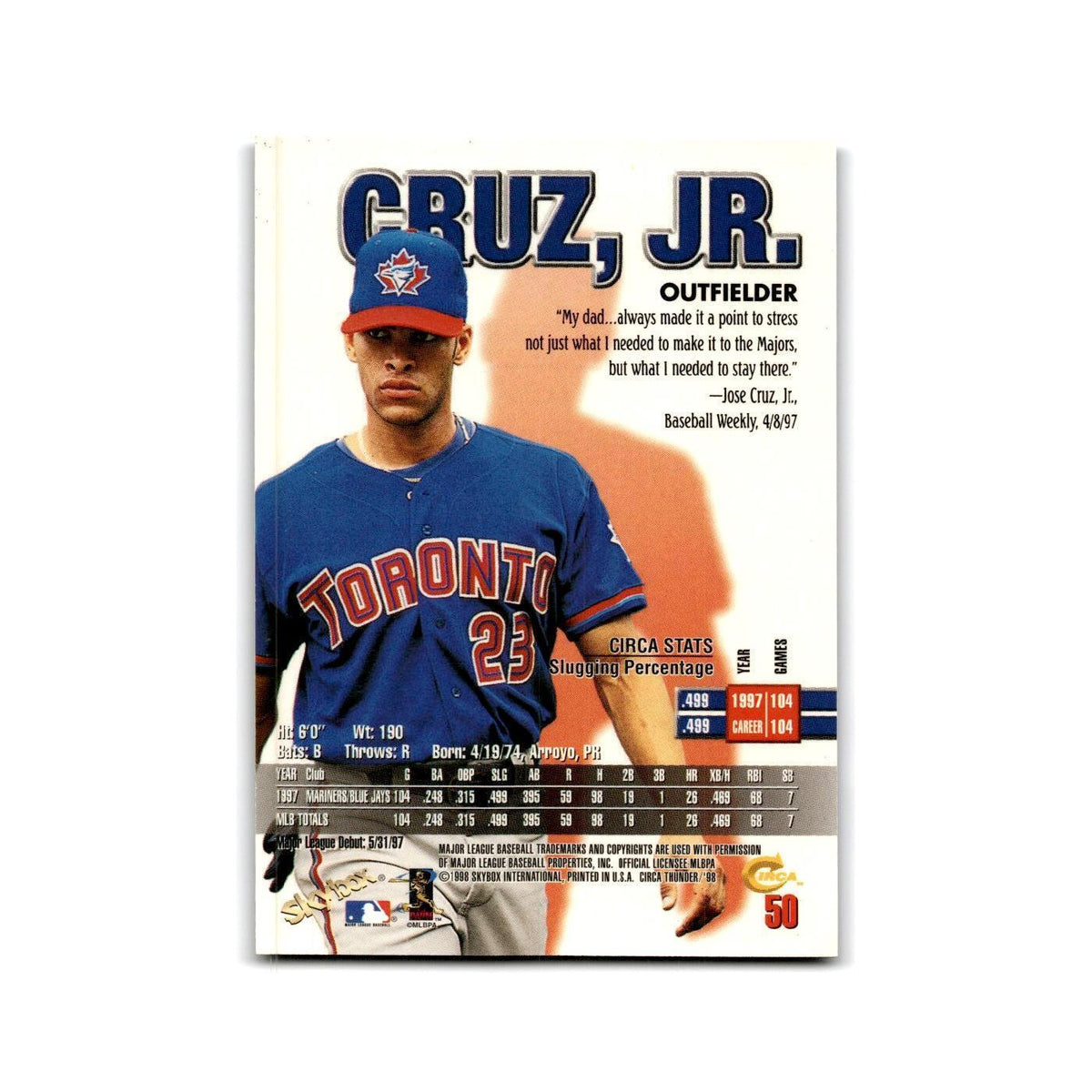 1998 Skybox Thunder Jose Cruz Jr. Blue Jays #50