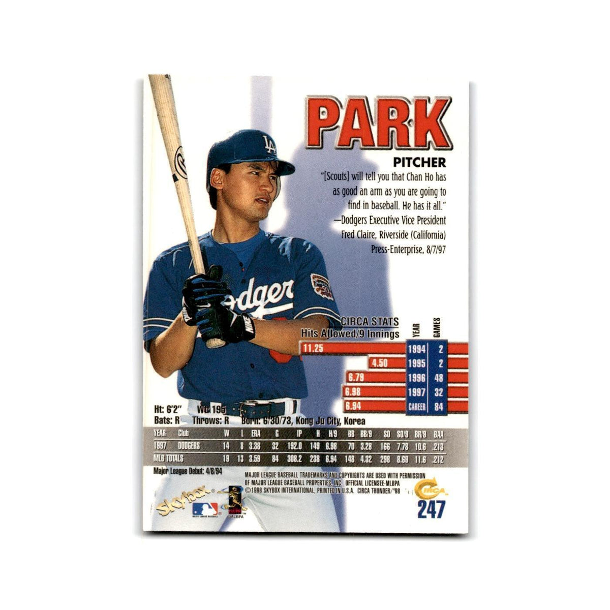 1998 Skybox Thunder Chan Ho Park Dodgers #247