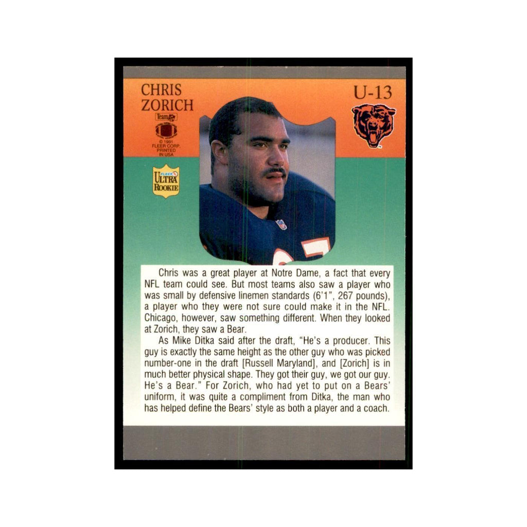 1991 Fleer Update Chris Zorich RC Football Cards #U-13