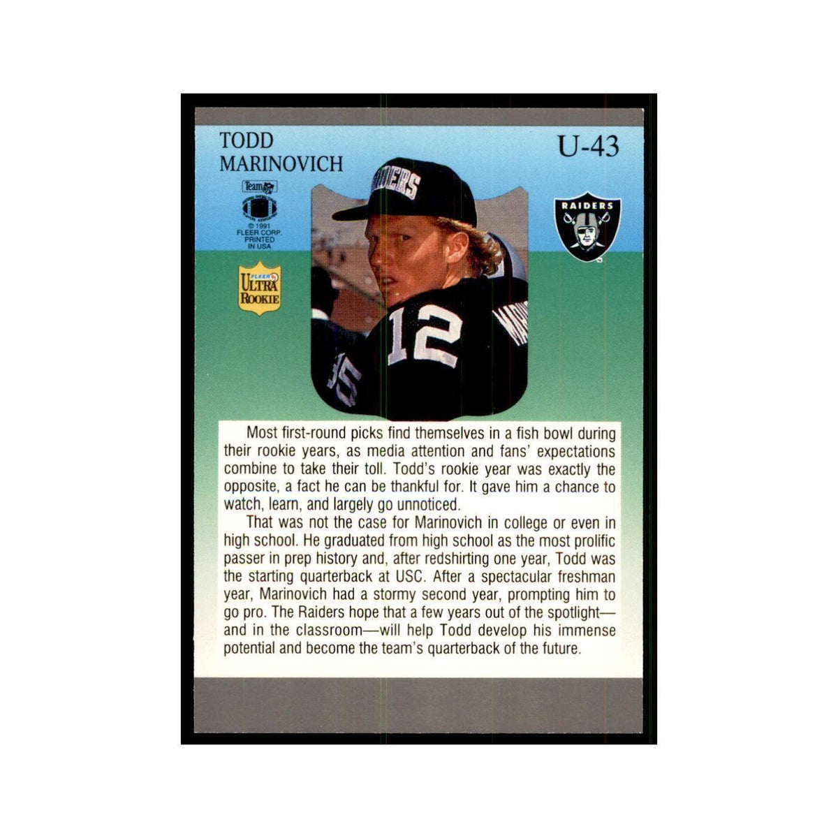 1991 Fleer Update Todd Marinovich RC Football Cards #U-43